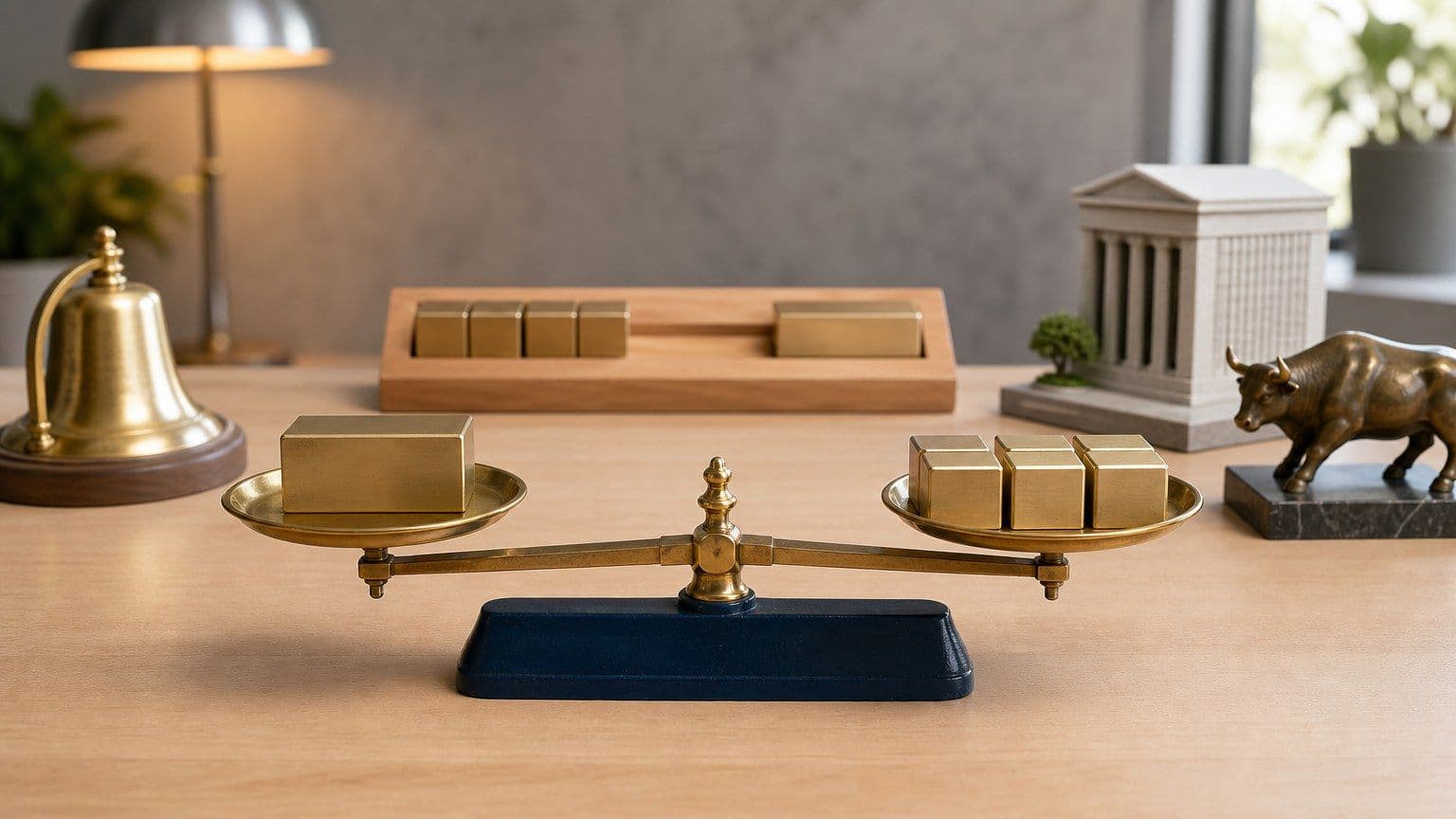 Egy nagy részvénytömb és négy kisebb tömb azonos értéket mutat egy mérleg két oldalán.